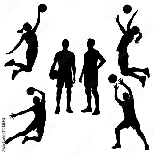 Silhouettes of volleyball players in action poses