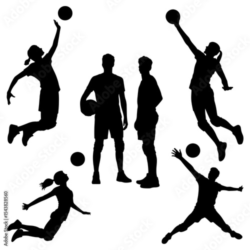 Silhouettes of volleyball players in action poses