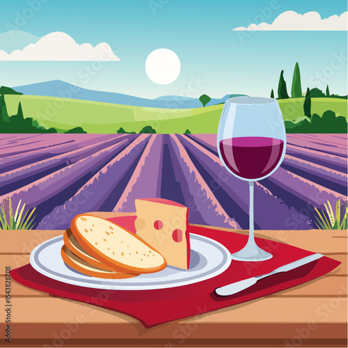French cheese plate, fresh baguette and a glass of red wine on a wooden table, with lavender fields in background