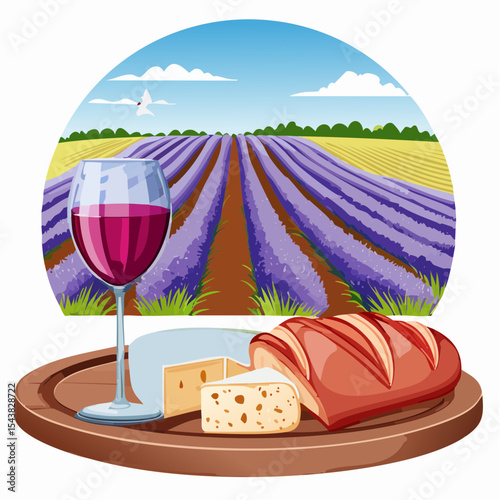 French cheese plate, fresh baguette and a glass of red wine on a wooden table, with lavender fields in background