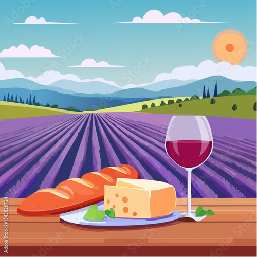 French cheese plate, fresh baguette and a glass of red wine on a wooden table, with lavender fields in background