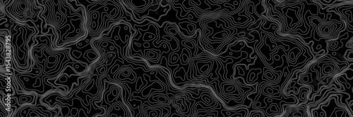 Abstract black and white topographic map illustration in vector style, showing contour lines, curves, and mountain ranges. Seamless pattern inspired by physical geography and terrain relief.