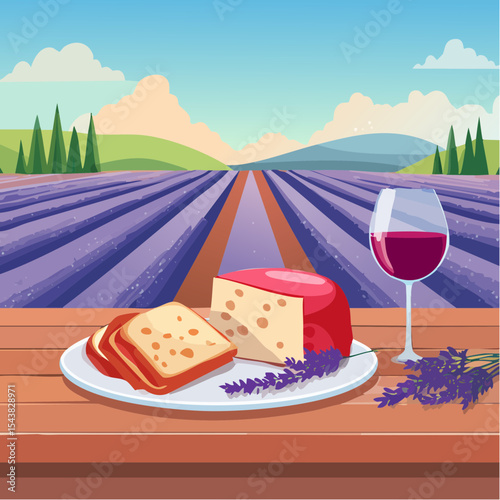French cheese plate, fresh baguette and a glass of red wine on a wooden table, with lavender fields in background