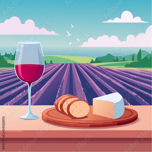 French cheese plate, fresh baguette and a glass of red wine on a wooden table, with lavender fields in background
