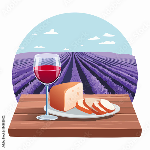 French cheese plate, fresh baguette and a glass of red wine on a wooden table, with lavender fields in background