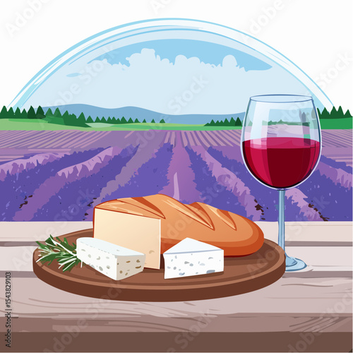 French cheese plate, fresh baguette and a glass of red wine on a wooden table, with lavender fields in background