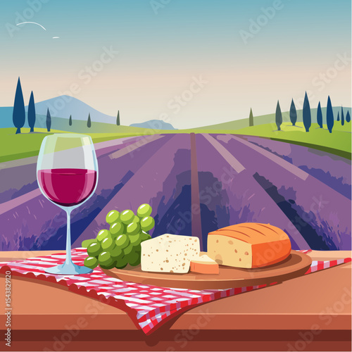 French cheese plate, fresh baguette and a glass of red wine on a wooden table, with lavender fields in background