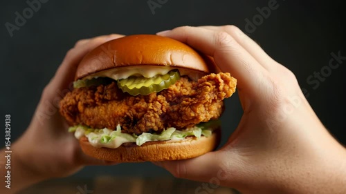 Hands holding delicious crispy chicken sandwich with pickles and lettuce in motion
