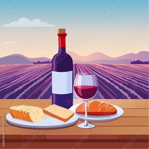 French cheese plate, fresh baguette and a glass of red wine on a wooden table, with lavender fields in background
