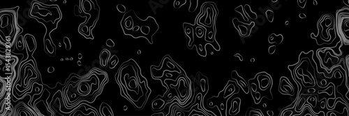 Abstract black and white topographic map illustration in vector style, showing contour lines, curves, and mountain ranges. Seamless pattern inspired by physical geography and terrain relief.