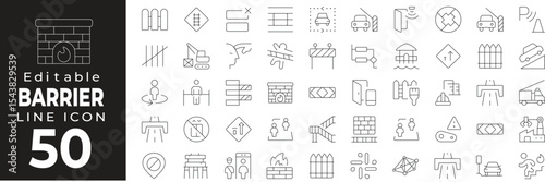 Barrier set of web icons in line style. Obstruction and safety linear icon collection. Containing roadblock, caution tape, warning sign, fence, no entry, construction barrier, restricted area and more