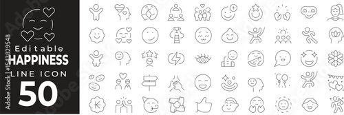 Happiness set of web icons in line style. Joy and positivity linear icon collection. Containing smile, heart, celebration, peace, cheerful face, sunshine, relaxation, love and more. Editable stroke