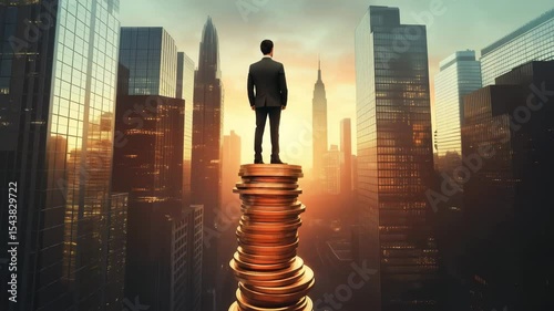 A businessman standing on a stack of coins that is as tall as the building skyscrapers, Successful investment, Wealth and economic growth, Loan and investment for real estate concept