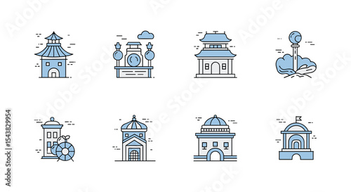 Collection of architecture buildings and monuments icons vector set for travel and landmark design ideas