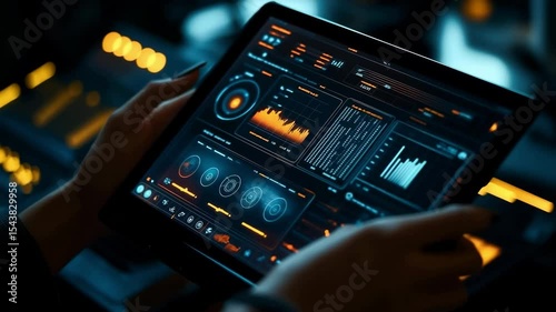 Close up hands of female entrepreneur using a digital tablet with glowing financial data graphs, futuristic fintech dashboard. Finance, innovation, trade and growth concept	

