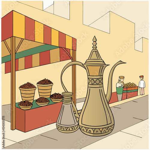 Traditional Middle Eastern Market with Arabic Coffee Pot and Dates Illustration