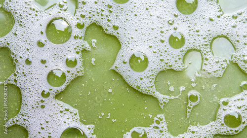 Bubbles and foam create textured surface green liquid, showcasing natural transpiration and moisture. vibrant color adds