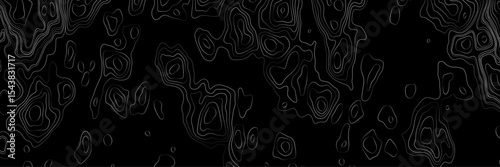 Abstract black and white topographic map illustration in vector style, showing contour lines, curves, and mountain ranges. Seamless pattern inspired by physical geography and terrain relief.