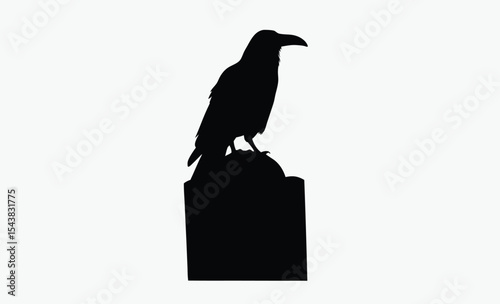 Raven on tombstone, Halloween grave marker, spooky silhouette bird, classic black vector, on white background
