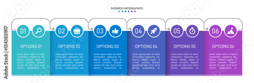 Horizontal progress bar featuring 6 arrow-shaped elements, symbolizing the six stages of business strategy and progression. Clean timeline infographic design template. Vector for presentation