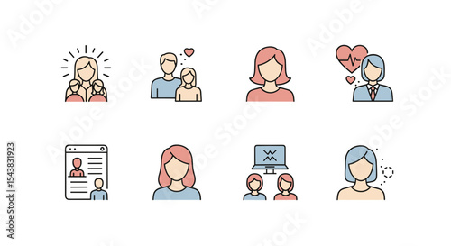 Family and relationship icons vector set mother daughter love heart online dating social media connection design