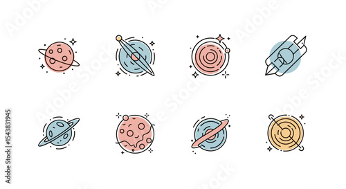 Collection of cute space and planets vector icons for astronomy and science education and graphic design needs