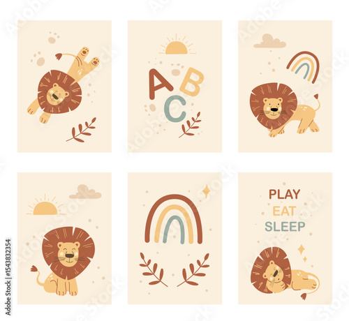 This nursery wall art collection presents adorable lion illustrations suited for children's rooms. Features fun elements like the alphabet, rainbows, and motivational phrases in soft colors.