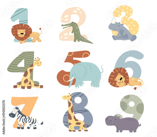 Colorful numbers decorated with safari animals create a playful atmosphere for a birthday celebration. Perfect for engaging children and enhancing party decor with wild charm.