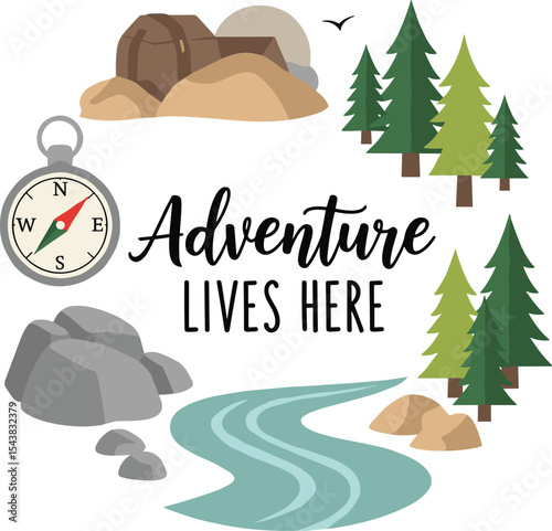 Adventure lives here minimalist flat typography vector t shirt design with clean modern font for travel enthusiasts and outdoor adventure graphic apparel prints