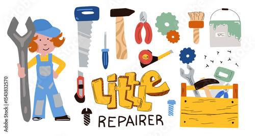 Children's collection of various repair tools in cartoon style. Set for decorating toys, building sets, children's room or workshop, as educational material, fabrics, wallpaper