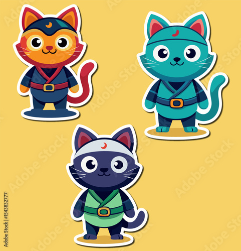 A bundle of stickers cute ninja cat in Various poses vector illustration 