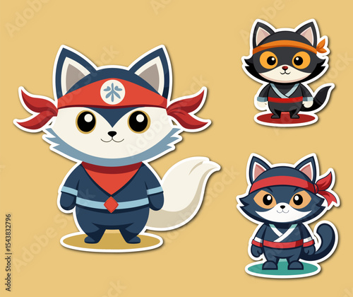A bundle of stickers cute ninja cat in Various poses vector illustration 