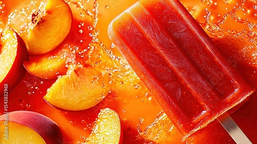   A popsicle rests atop a cutting board alongside sliced peaches and an orange