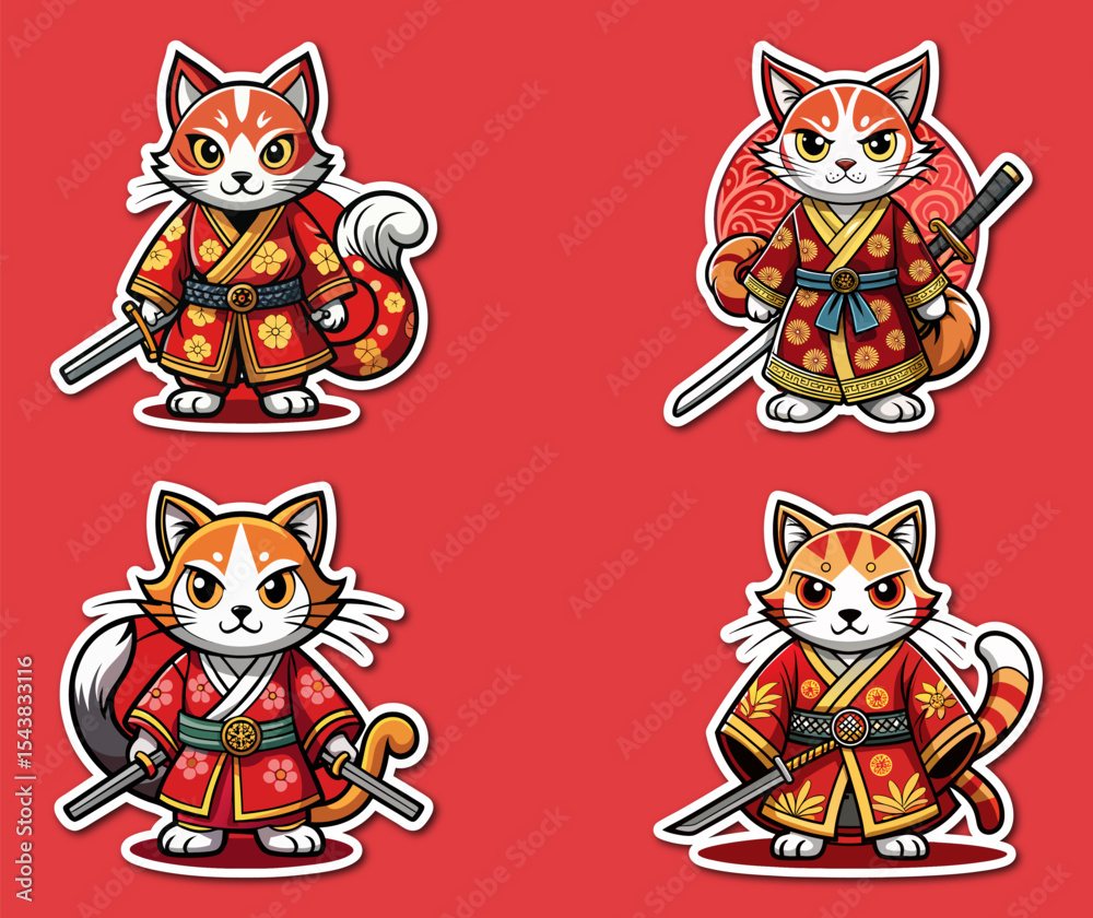 Fototapeta premium A bundle of stickers cute ninja cat. Cartoon Cats Dressed as Samurai Warriors with Swords on a Red Background 