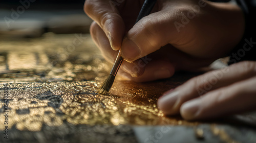 Gilding Process Fine Art Craft Hands Detail with Brush Applying Gold Leaf for Restoration Decorative Design