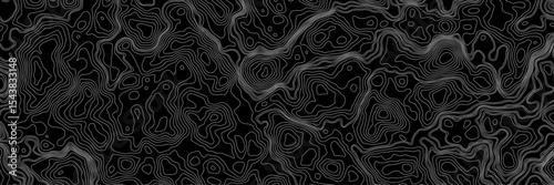 Abstract black and white topographic map illustration in vector style, showing contour lines, curves, and mountain ranges. Seamless pattern inspired by physical geography and terrain relief.