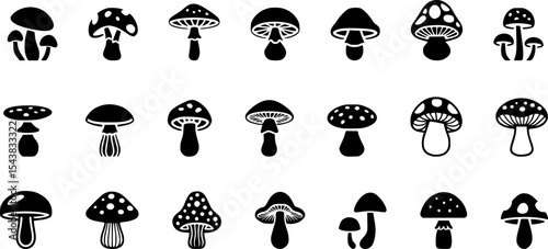 Minimalist Black and White Mushroom Icon Set – Bold Fungi Silhouettes and Line Illustrations with Various Shapes, Including Gilled, Spotted, Rounded, and Bell-Cap Mushrooms on transparent Background