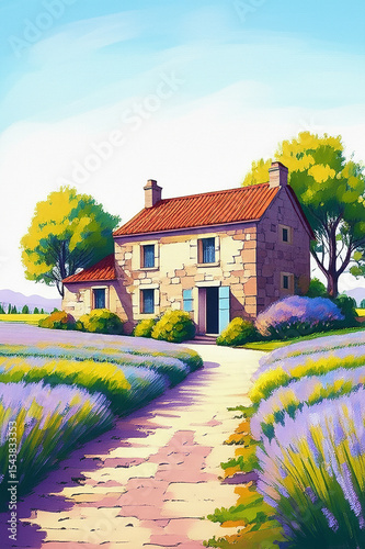 Lavender Fields in Provence. lIllustration for travel postcard, wallpaper, posters, nature landscape background