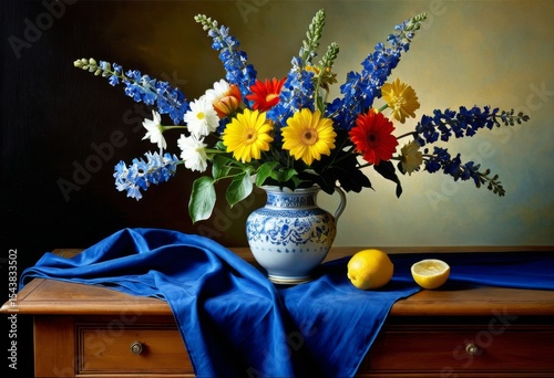 On the table there is a vase with a lemon on top