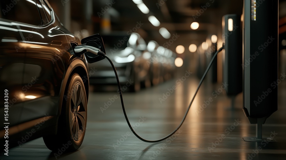 Fototapeta premium An elegant electric car is depicted charging in a modern garage environment, symbolizing the future of transportation and sustainability in automotive technology.