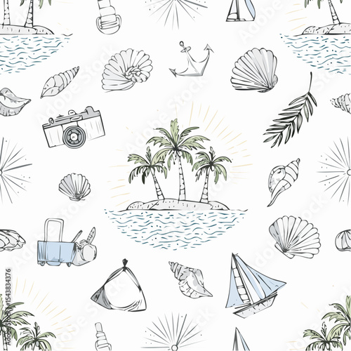 Summer vacation seamless pattern. Sketch drawing. Coastal sea simple print.