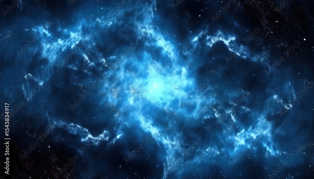 Fototapeta premium ethereal blue cosmic nebula explosion with glowing light core and electric gas clouds in deep space, perfect for sci-fi web design, print poster, or tech branding