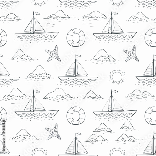 Summer vacation seamless pattern. Sketch drawing. Coastal sea simple print.