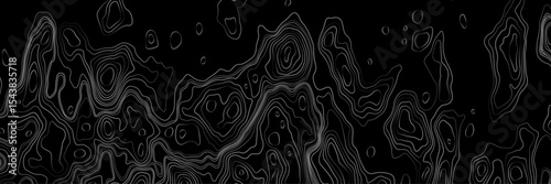 Abstract black and white topographic map illustration in vector style, showing contour lines, curves, and mountain ranges. Seamless pattern inspired by physical geography and terrain relief.