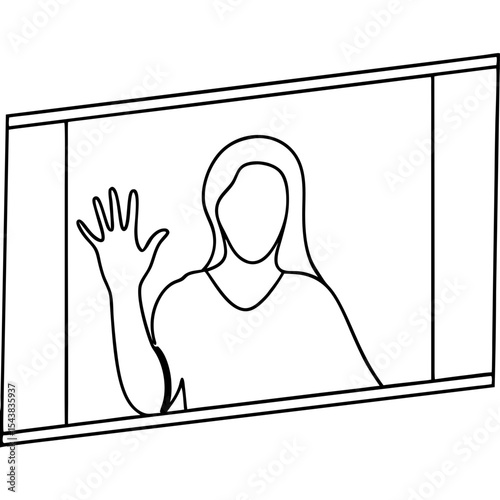 Woman waving hand from window frame. Simple line art illustration of person greeting from window.  Stylish minimal design for social media post or website banner.