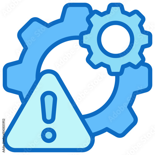 Process Alert - Blue Fill Outline Icon - Gear system with warning triangle, signaling process errors or operational risks