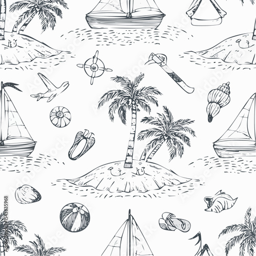 Summer vacation seamless pattern. Sketch drawing. Coastal sea simple print.