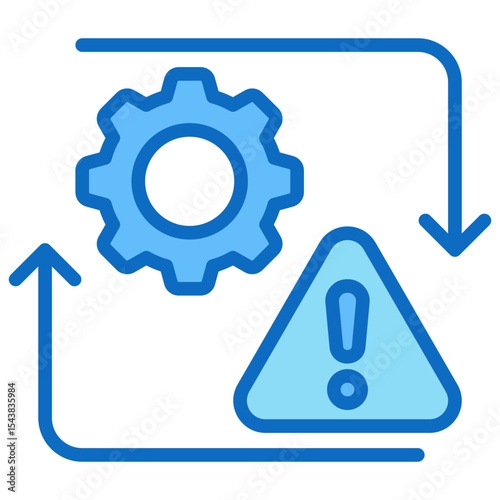 Process Risk - Blue Fill Outline Icon - Gear with alert sign and process arrows, indicating risk in operational workflow