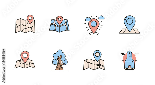 Collection of location map pin icons for travel destination and navigation with tree and bottle icon 100