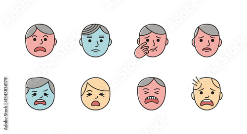 Collection of cartoon faces showing different negative emotions such as sadness and anger illustration